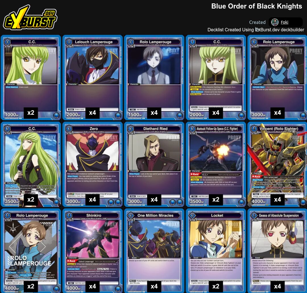 Blue Order of Black Knights Code Geass Union Arena pakli