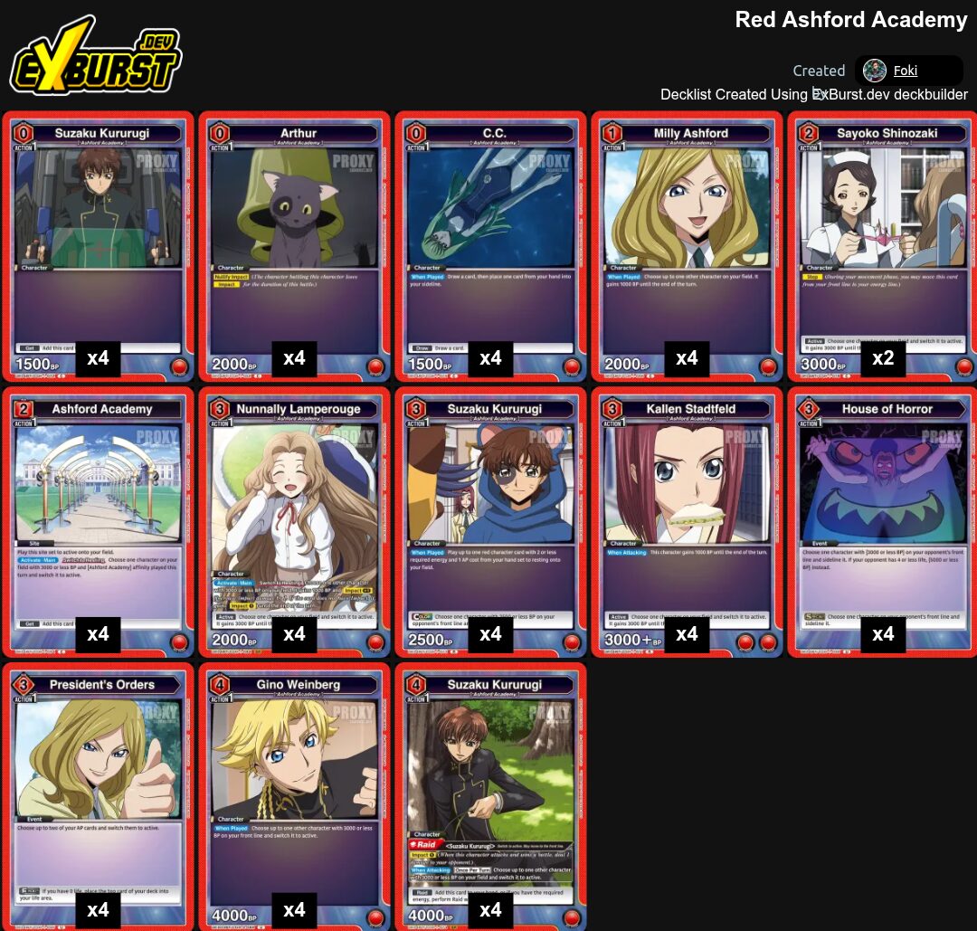 Red Ashford Academy Code Geass Union Arena pakli