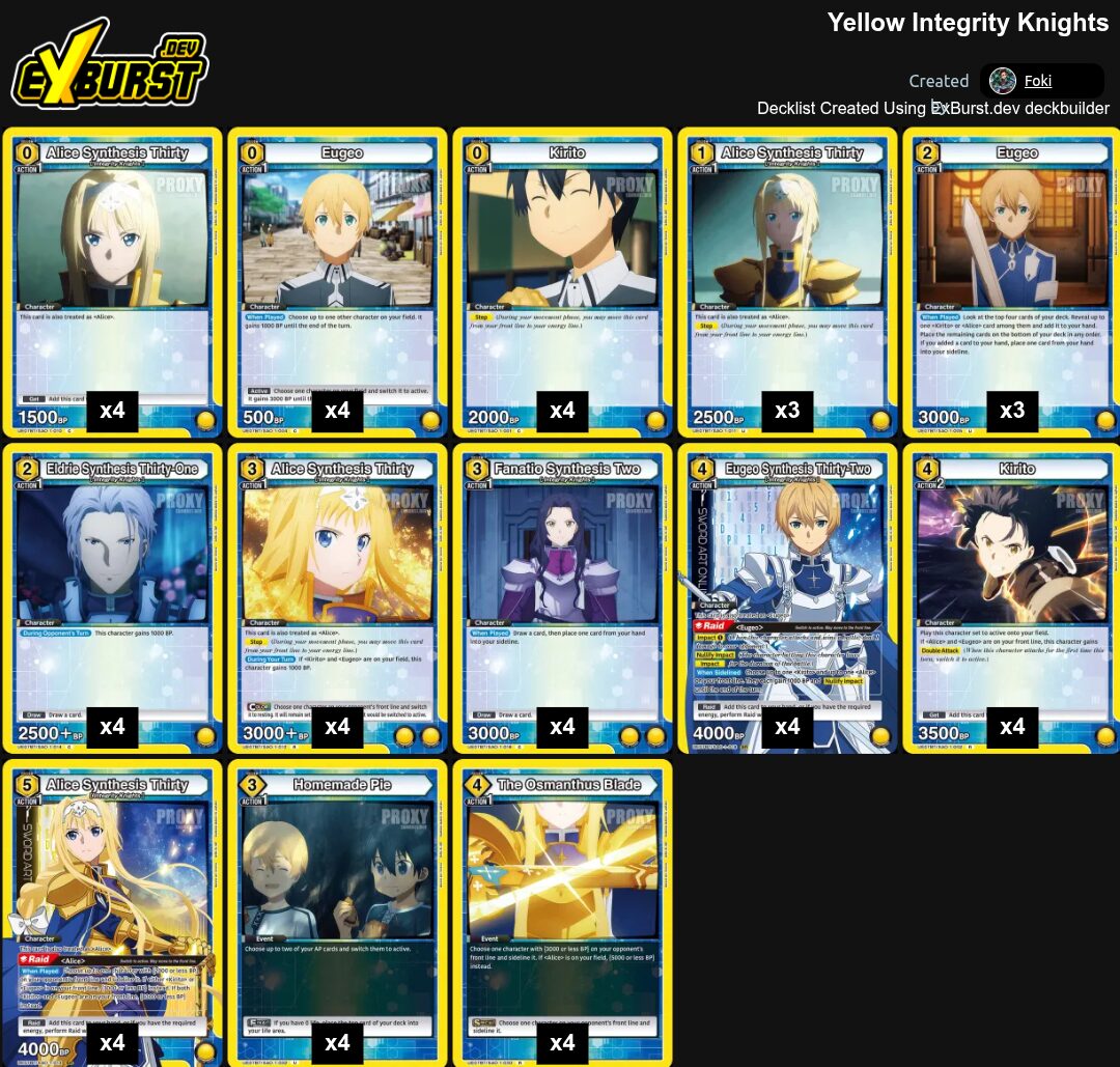 Yellow Integrity Knights Sword Art OnlineUnion Arena pakli