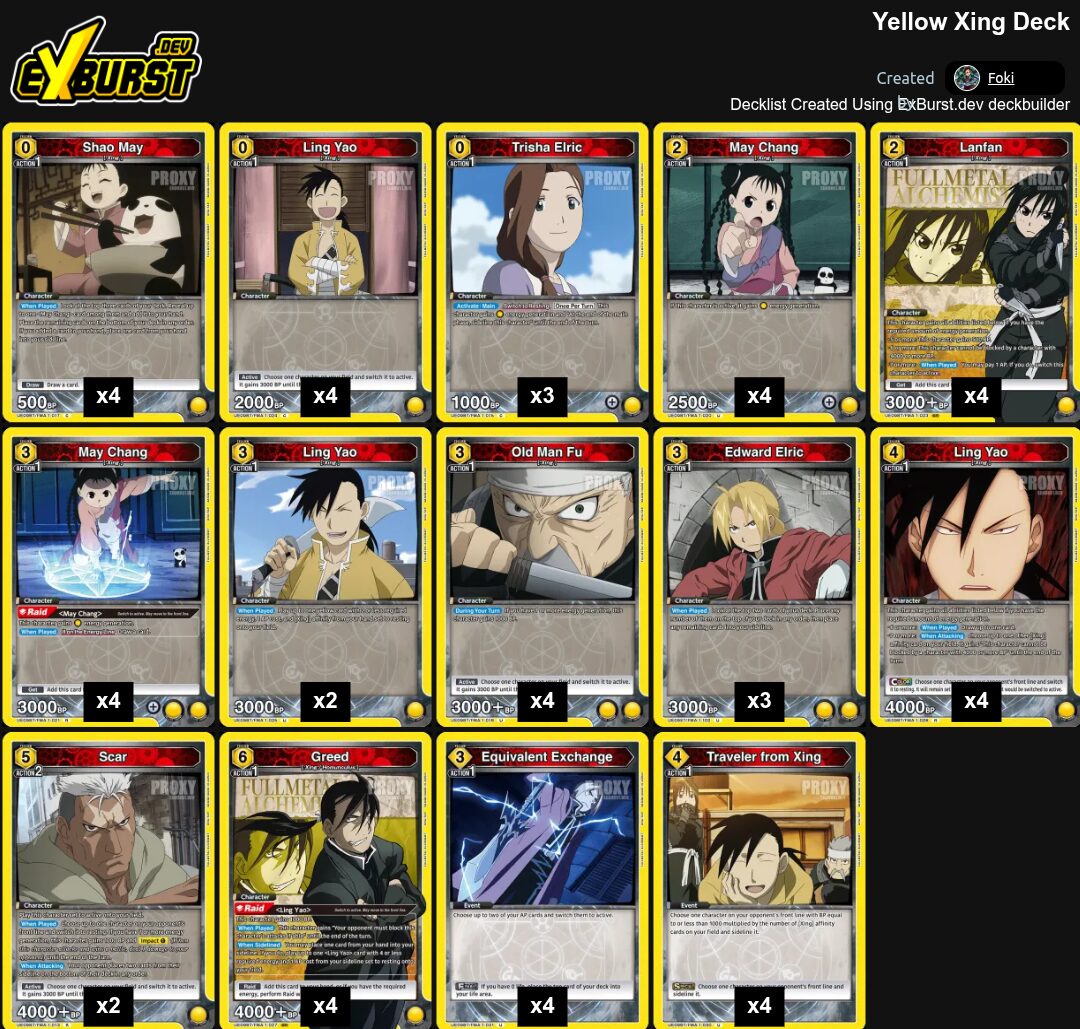 Yellow Xing Fullmetal Alchemist Union Arena pakli