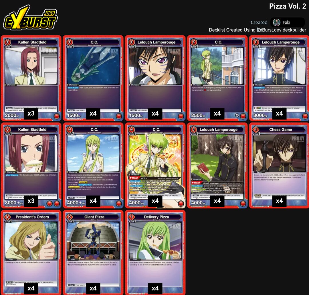 Pizza Code Geass Union Arena pakli